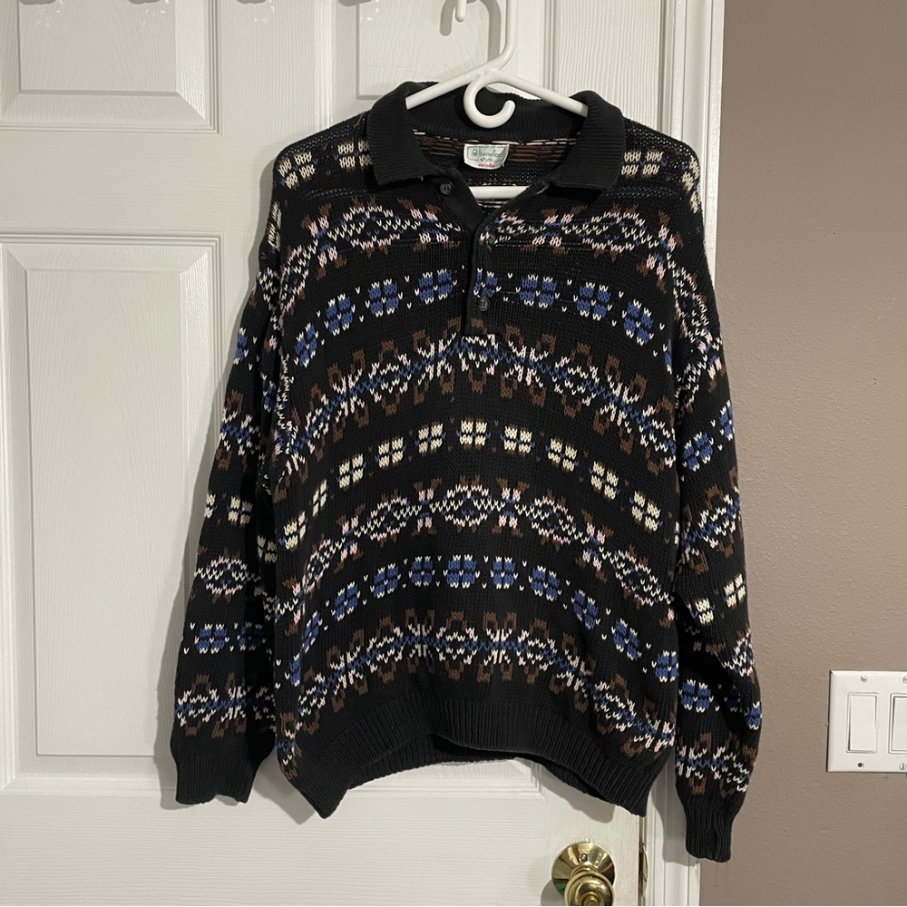 BENETTON Mens Polo Neck Sweater Multicolor Pullover Long Sleeve